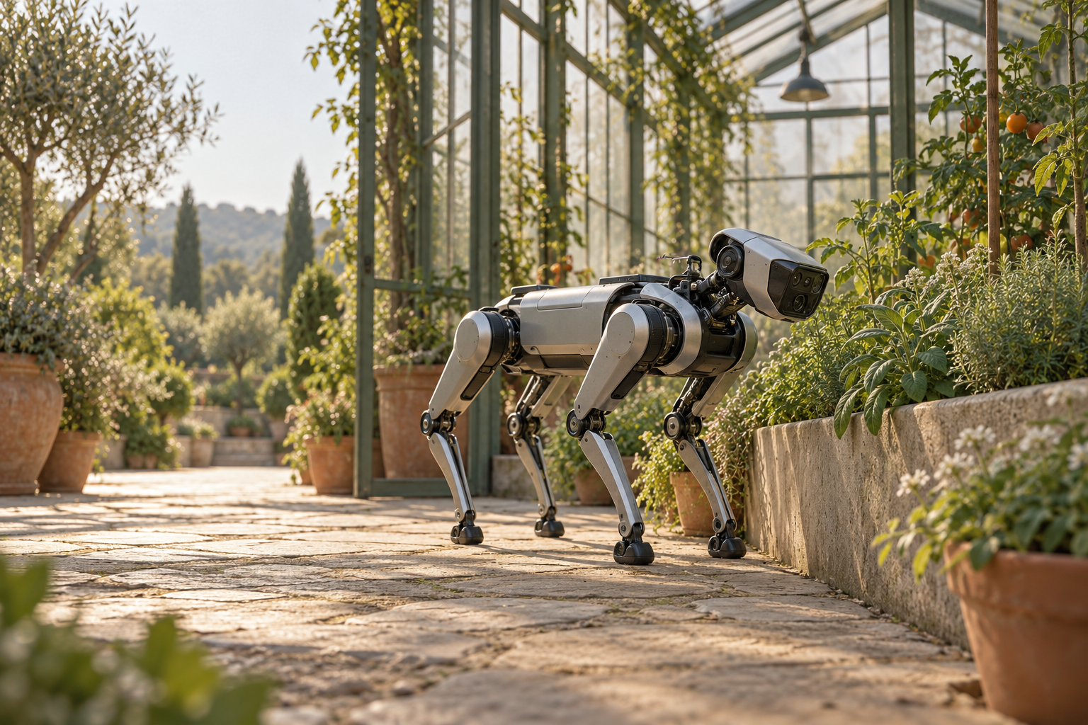 Concept artwork of a quadruped robot observing a greenhouse environment