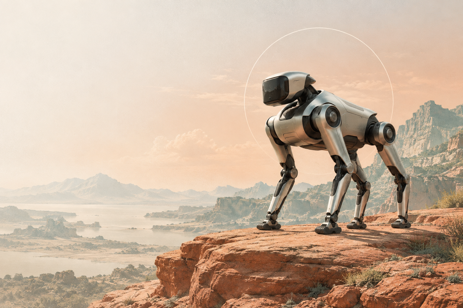 Concept illustration of a silver quadruped robot on a terracotta plateau in a quiet landscape
